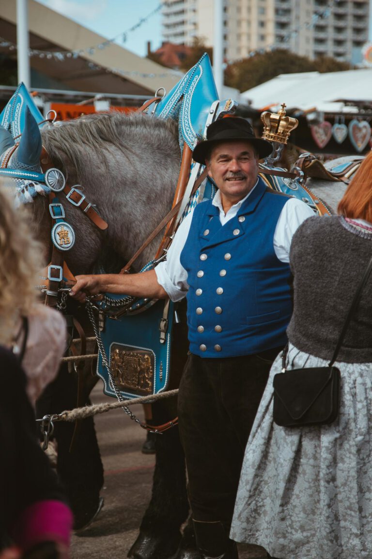 A festive scene at Oktoberfest in Munich, featuring traditional Bavarian attire and culture.